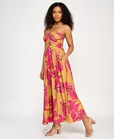 Katia Rae Juniors' Satin Printed Halter Maxi Dress