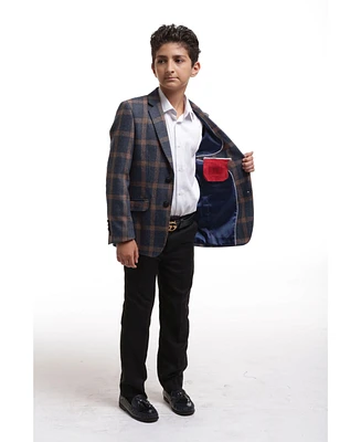 Elie Balleh Boys Navy Slim Fit Premium Wool Checkered Blazer