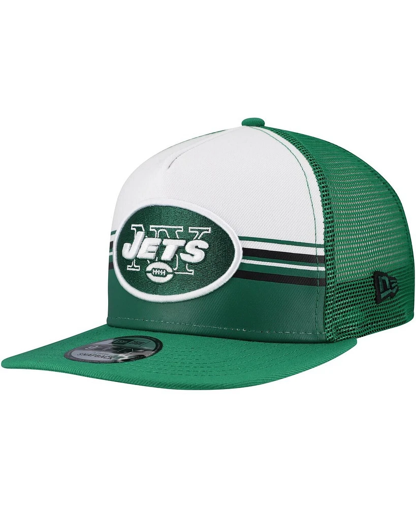 New Era Men's White/Green New York Jets Striped A-Frame 9FIFTY Adjustable Trucker Snapback Hat