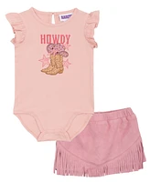 Rare Editions Baby Girls 2-Piece Cowgirl Graphic Bodysuit and Fringe Skirt Set