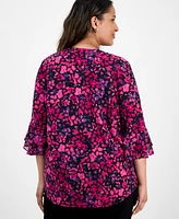 Kasper Plus Split-Neck Floral-Print Top