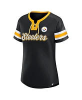 Fanatics Women's Black Pittsburgh Steelers True Catch Iconic Rhinestone Bling Athena Lace-Up T-Shirt