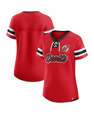 Fanatics Women's Red New Jersey Devils Iconic Athena Lace-Up T-Shirt