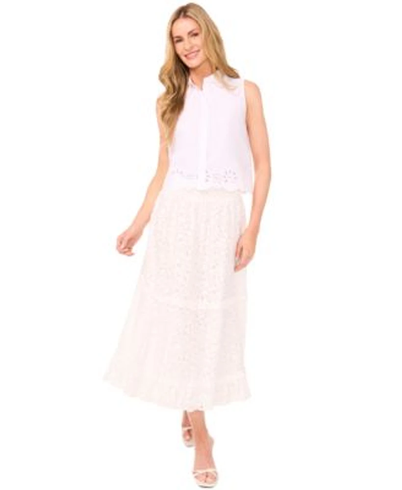Cece Womens Cotton Eyelet Sleeveless Blouse Tiered Circle Midi Skirt