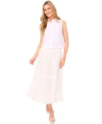 Cece Womens Cotton Eyelet Sleeveless Blouse Tiered Circle Midi Skirt