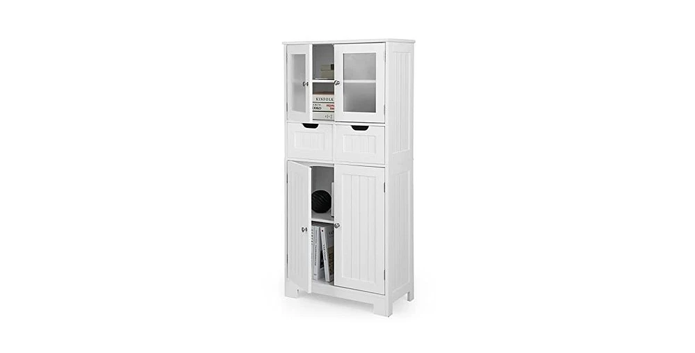 4 Door Freestanding Bathroom Floor Storage Cabinet with 2 Drawers and Glass Doors
