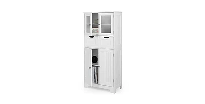 4 Door Freestanding Bathroom Floor Storage Cabinet with 2 Drawers and Glass Doors