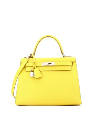 Pre-Owned Hermes Kelly 28 Handbag Yellow Epsom with Palladium Hardware