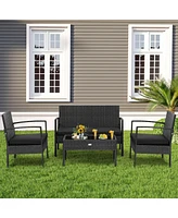 Gymax 4PCS Rattan Patio Conversation Set Outdoor Wicker Furniture Set w/ Cushions