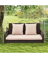 Gymax Wicker Outdoor Porch Swing 800 Lbs Capacity Outdoor Swing Bench w/ Hanging Chains