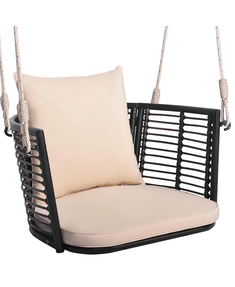 Gymax Outdoor Metal Porch Swing Single Person Hanging Seat w/ Woven Rattan Backrest Porch Backyard