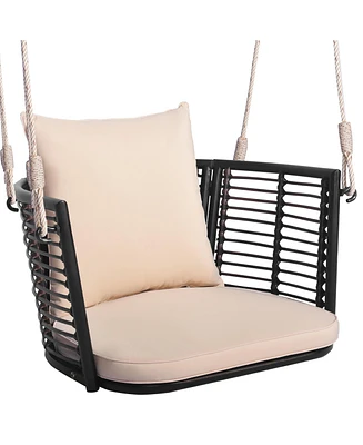Gymax Outdoor Metal Porch Swing Single Person Hanging Seat w/ Woven Rattan Backrest Porch Backyard