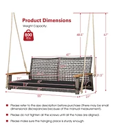 Gymax Rattan Patio Porch Swing 2-Person Cushioned Chair Bench w/ Hanging Ropes