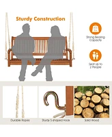 Gymax 2-Seat Patio Hanging Wooden Porch Swing Bench w/ Cushion & Hanging Ropes