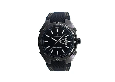 Peugeot Men's 44mm Black Sport Calendar Stitched Rubber Band Watch