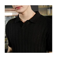 Campus Sutra Men's Obsidian Black Stripe-Textured Polo T-Shirt