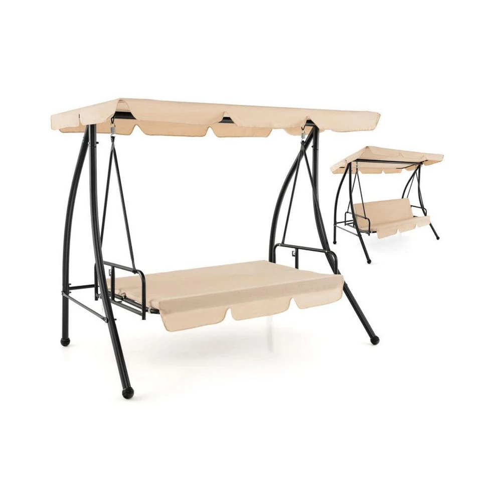2-Seat Outdoor Convertible Swing Chair with Flat Bed and Adjustable Canopy