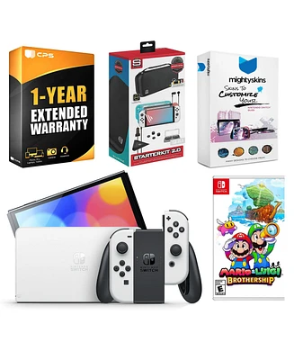 Nintendo Switch White Oled Console with Mario & Luigi: Brothership, Surge Accessory Gaming Kit, MightySkins Console and Controller Skin Voucher