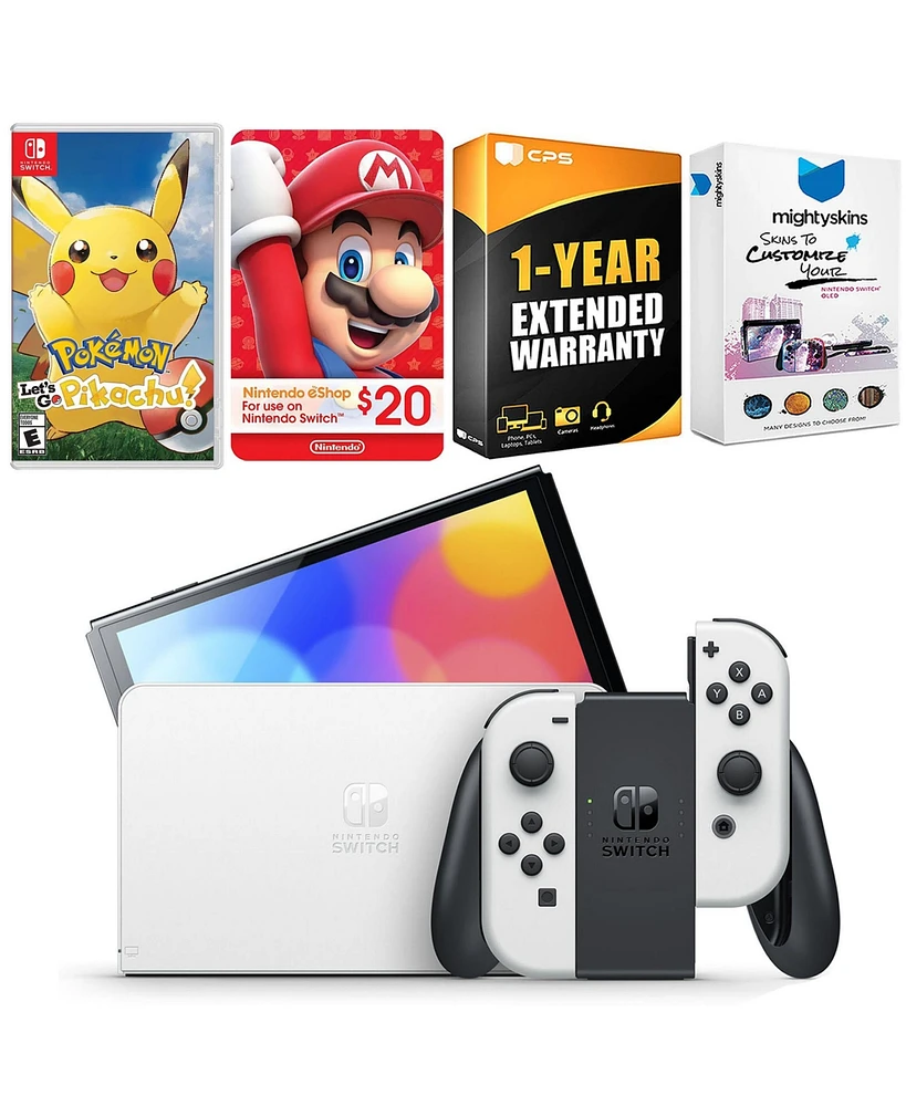 Nintendo Switch White Oled Console with Pokemon Let's Go, Pikachu!, Nintendo $20 eShop Gift Card, MightySkins Console and Controller Skin Voucher