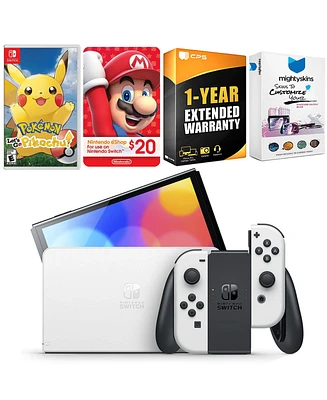 Nintendo Switch White Oled Console with Pokemon Let's Go, Pikachu!, Nintendo $20 eShop Gift Card, MightySkins Console and Controller Skin Voucher
