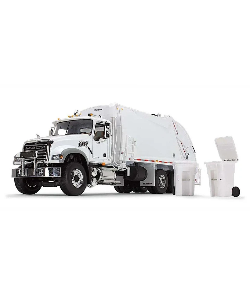 First Gear 1/34 White Mack Granite Mp w/ McNeilus Rear Load Refuse Truck & Trash Cans 10-4213