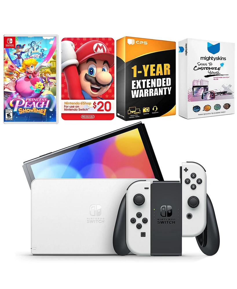 Nintendo Switch White Oled Console with Princess Peach: Showtime!, Nintendo $20 eShop Gift Card, MightySkins Console and Controller Skin Voucher