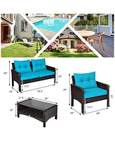 Gymax 4PCS Rattan Patio Furniture Conversation Set Cushioned Outdoor Furniture Set