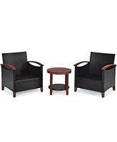 Gymax 3PCS Patio Wicker Rattan Conversation Set Outdoor Furniture Set w/ Red Cushion