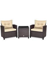 Gymax 3PCS Patio Outdoor Rattan Conversation Set w/ Cushion Coffee Table