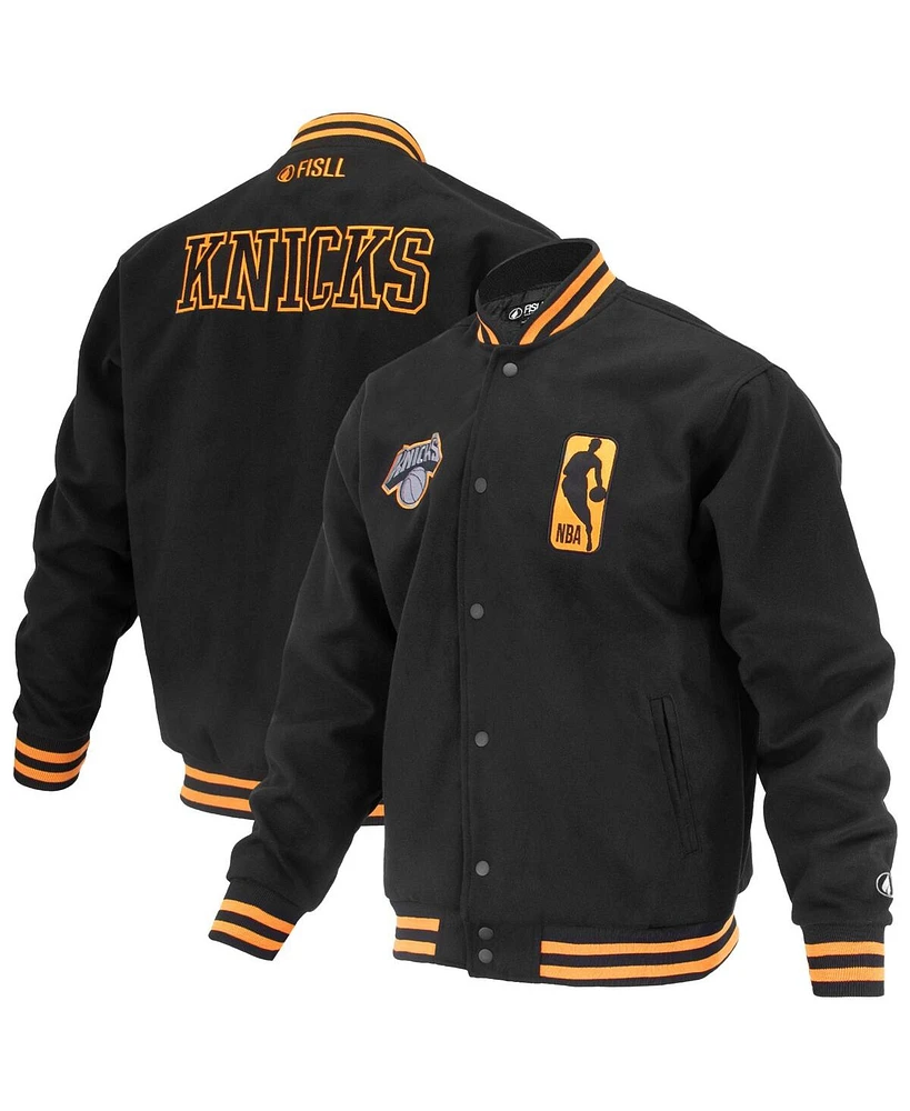 Fisll Men's and Women's Black New York Knicks Logo Man Shadow Collection Full-Snap Varsity Jacket