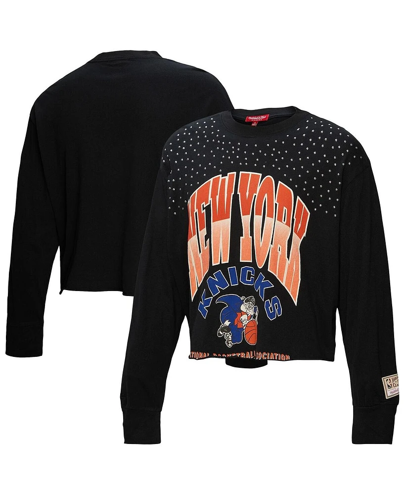 Mitchell & Ness Women's Black New York Knicks Hardwood Classics Studded Boxy Cropped Long Sleeve T-Shirt