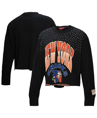 Mitchell & Ness Women's Black New York Knicks Hardwood Classics Studded Boxy Cropped Long Sleeve T-Shirt