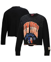 Mitchell & Ness Women's Black New York Knicks Hardwood Classics Studded Boxy Cropped Long Sleeve T-Shirt