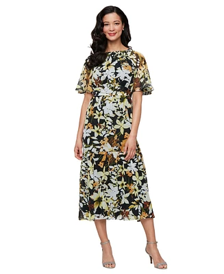 Sl Fashions Women's Printed Chiffon Boat-Neck A-Line Dress