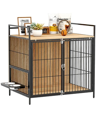 PawHut Dog Crate Furniture 30 in Dog Kennel Table with Rotatable Bowls,