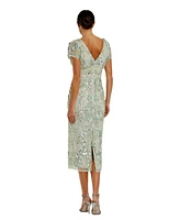 Mac Duggal Women's Embellished Mesh Fitted Short Sleeve Midi Dress