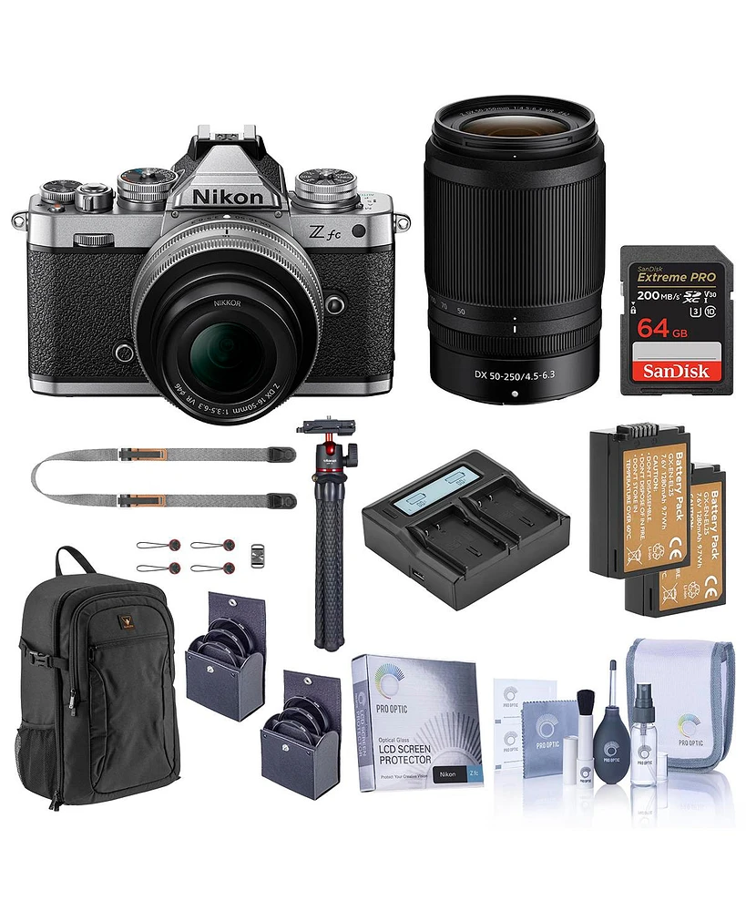 Nikon Z fc Dx-Format Mirrorless Camera with 16-50mm f/3.5-6.3 Lens, Silver and 50-250mm f/4.5-6.3 Lens, Bundle with 64GB Memory Card, Backpack, 2x Ext