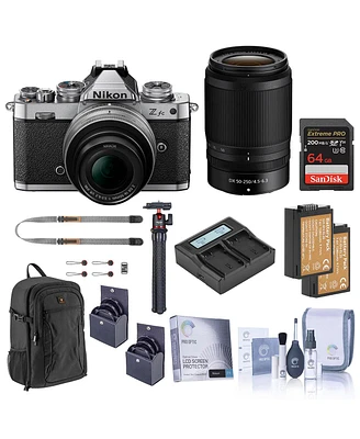 Nikon Z fc Dx-Format Mirrorless Camera with 16-50mm f/3.5-6.3 Lens, Silver and 50-250mm f/4.5-6.3 Lens, Bundle with 64GB Memory Card, Backpack, 2x Ext