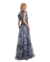 Mac Duggal Women's Printed Chiffon Ruffle Sleeve Gown With Bow Belt