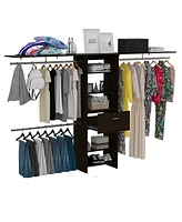 Zamora 70"W - 118"W Closet System, Three Hanging Rods, Five Shelves, One Drawer, Black