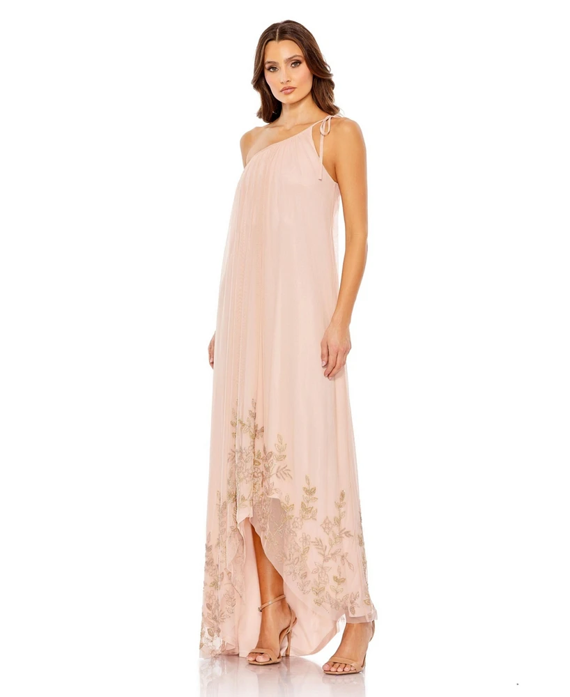 Mac Duggal Women's Flowy One Shoulder Asymmetrical Beaded Gown