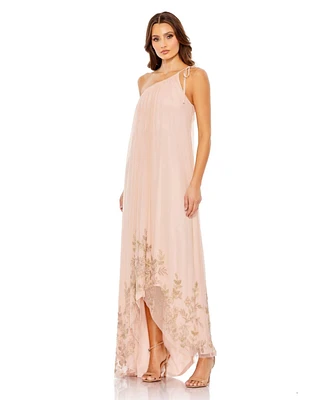 Mac Duggal Women's Flowy One Shoulder Asymmetrical Beaded Gown