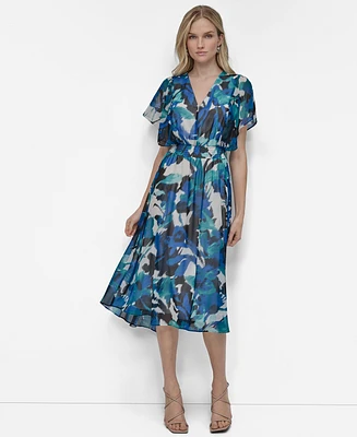 Dkny Women's V-Neck Smocked-Waist Flutter-Sleeve Dress