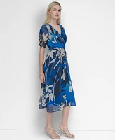 Dkny Women's V-Neck Ruched-Sleeve Belted Midi Dress
