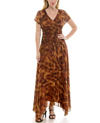 Taylor Women's Printed Chiffon Smocked-Waist Handkerchief Hem Dress