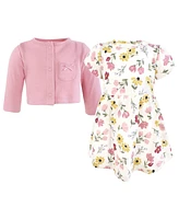 Hudson Baby Girls Cotton Dress and Cardigan Set, Soft Painted Floral