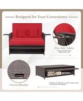 Gymax Rattan Loveseat Set Daybed Lounge w/ Storage Ottoman Side Tables Adjust Patio