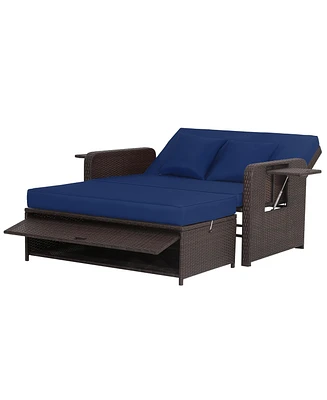 Gymax Rattan Loveseat Set Daybed Lounge w/ Storage Ottoman Side Tables Adjust Patio