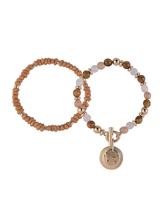 Rachel Rachel Roy Gold Tone and Brown Beaded 2pc Bracelet Set
