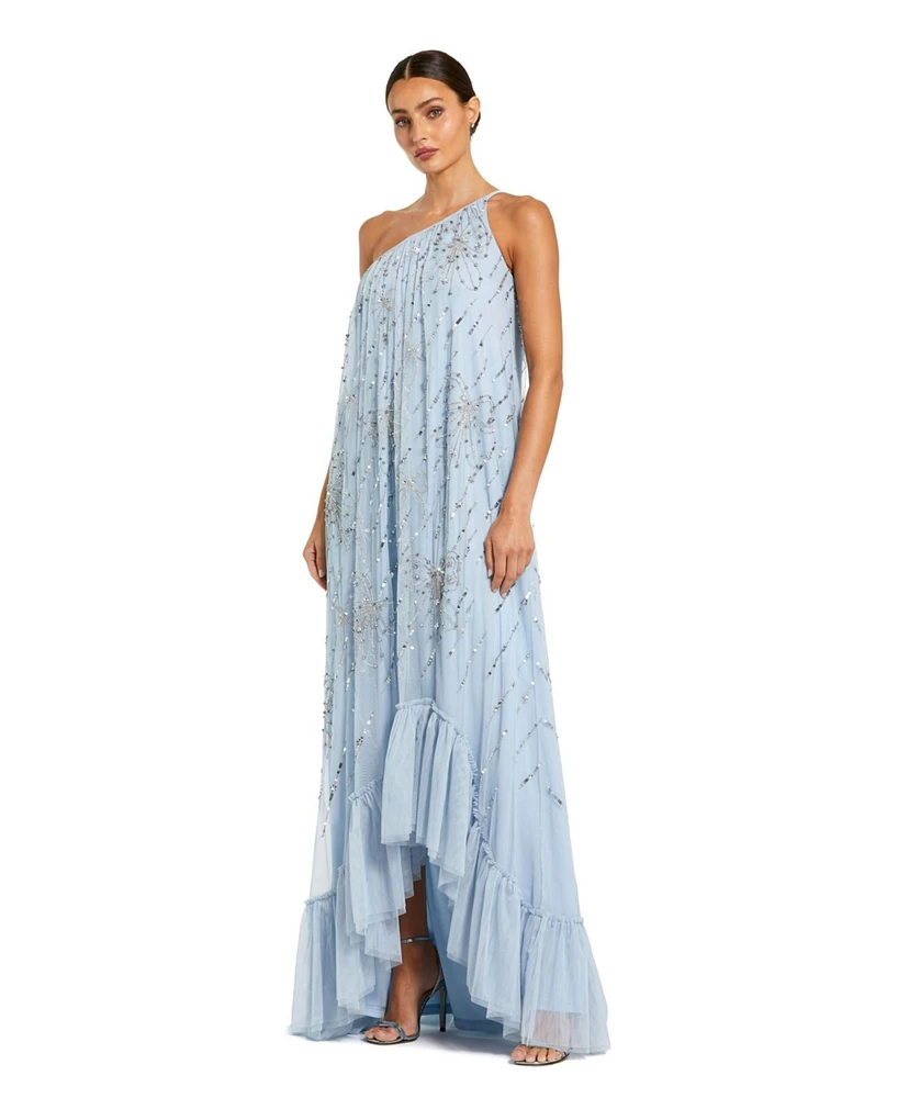 Mac Duggal Women's Bow Embellished Mesh One Shoulder High Low Gown